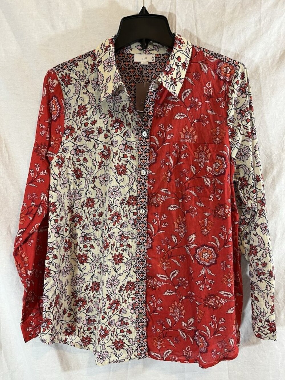 J Jill Women’s NWT Medium Red & Beige Paisley Floral Print Long Sleeve Blouse